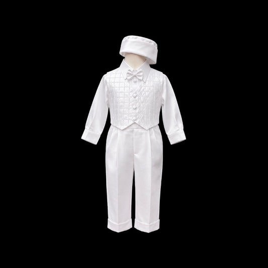Fancy Kids 5-Piece White Christening Suit with Square Pattern Embroidery