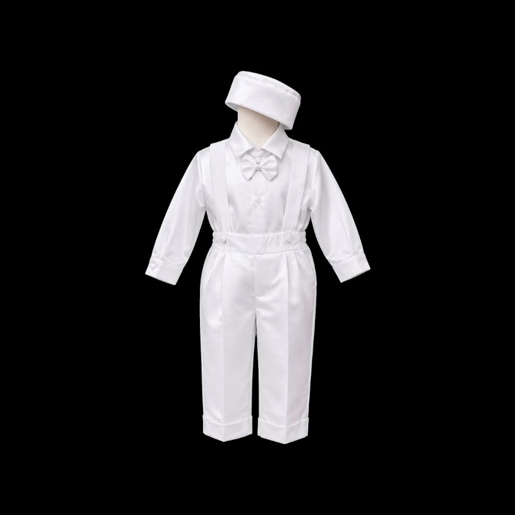 Fancy Kids 5-Piece White Christening Suit with Square Pattern Embroidery