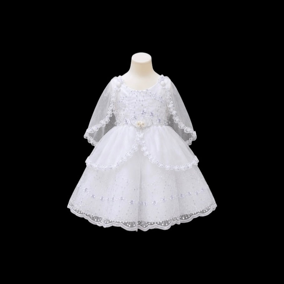 Sleeveless Baby Girl Floral Embroidered Gown with Organza Cape & Sequin Details (12 Months)