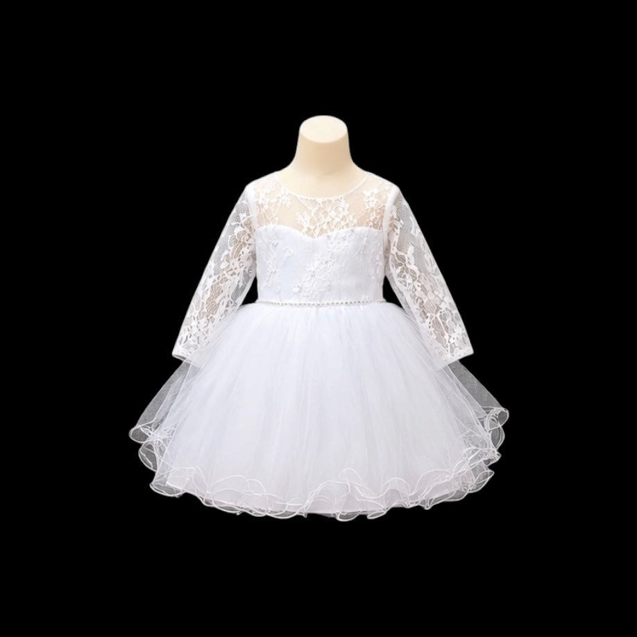Baby Girl White Lace Baptism Dress with Lace Sleeves & Floral Embroidered Tulle Skirt (12 Months)