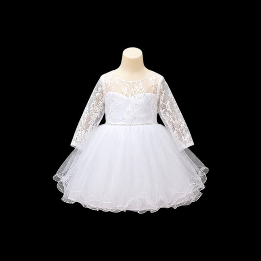 Baby Girl White Lace Baptism Dress with Lace Sleeves & Floral Embroidered Tulle Skirt (12 Months)