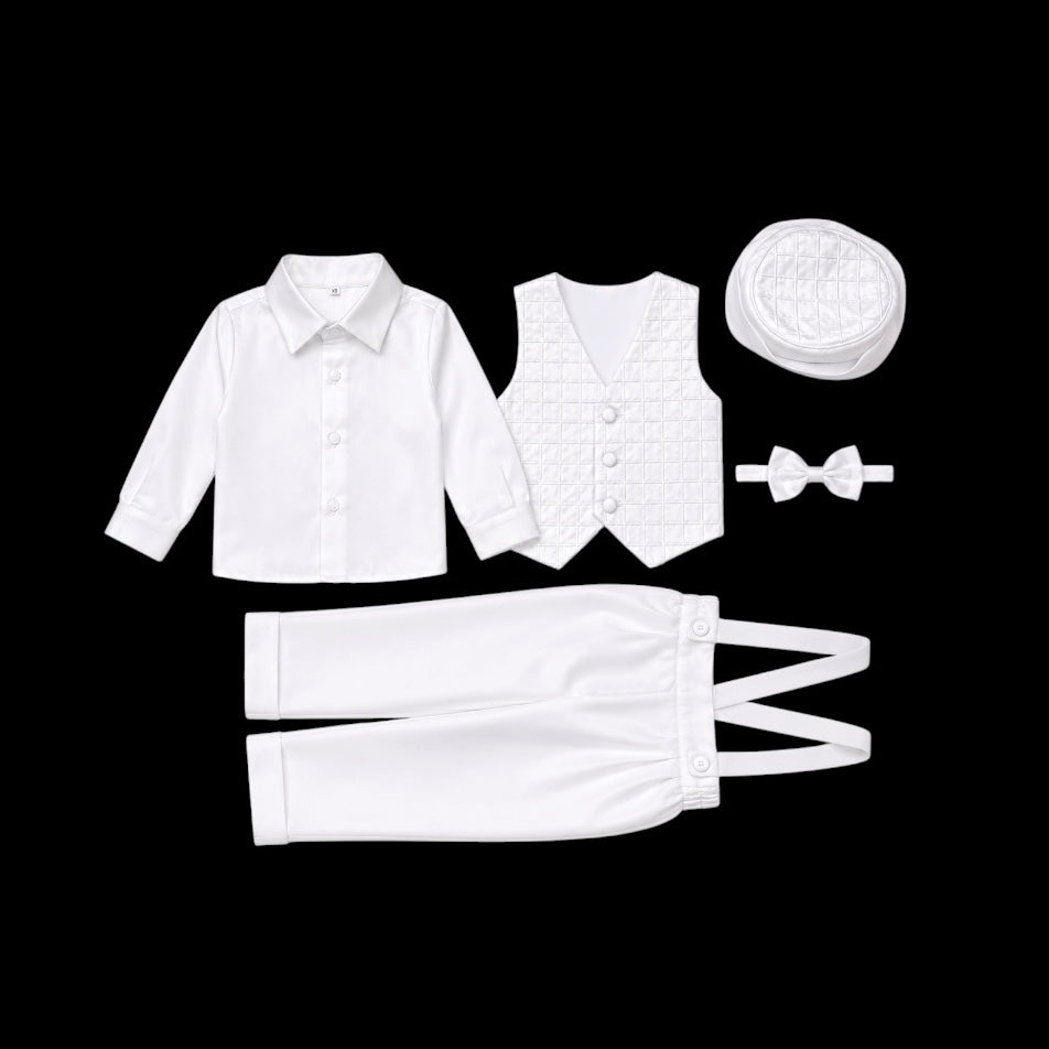 Fancy Kids 5-Piece White Christening Suit with Square Pattern Embroidery