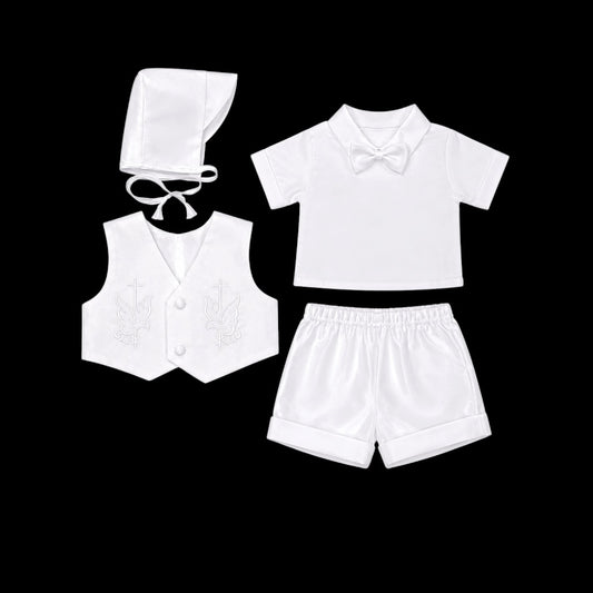 Kaifer U.S.A 3-Piece White Baptism Short Sleeve and Shorts Suit Set with Embroidered Dove Cross Vest
