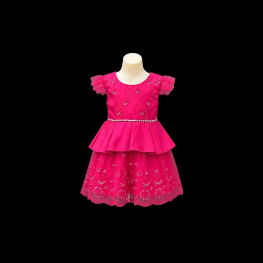 Fuchsia Satin Embroidered Baby Dress with Sequin & Rhinestone Accents
