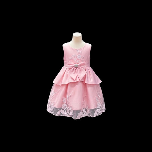 Fancy Kids Pink Satin & Tulle Embroidered Baby Dress with Rhinestone Bow Waist