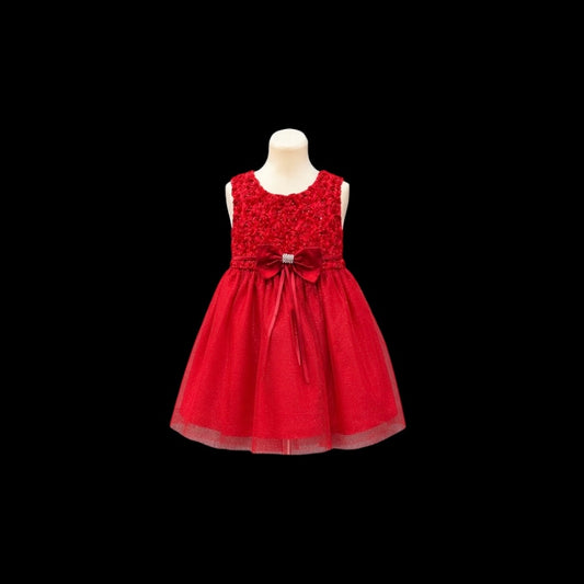 Red Glitter Tulle Dress with Floral Ribbon Bodice, Rhinestone Bow Waist & Matching Headband (6-9 months)