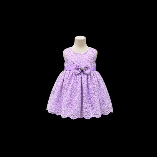 Baby Girl Lavender Glitter Lace Tea-Length Dress with Rhinestone Bow Belt & Matching Headband (6-9 months)