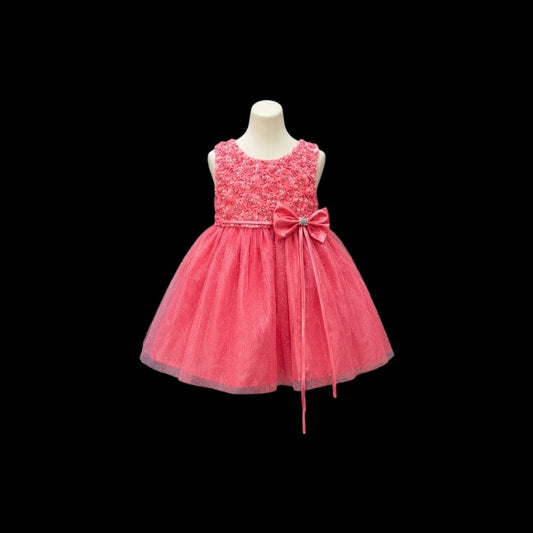 Coral Glitter Tulle Dress with Floral Ribbon Bodice & Rhinestone Bow Waist & Headband (9-12 months)