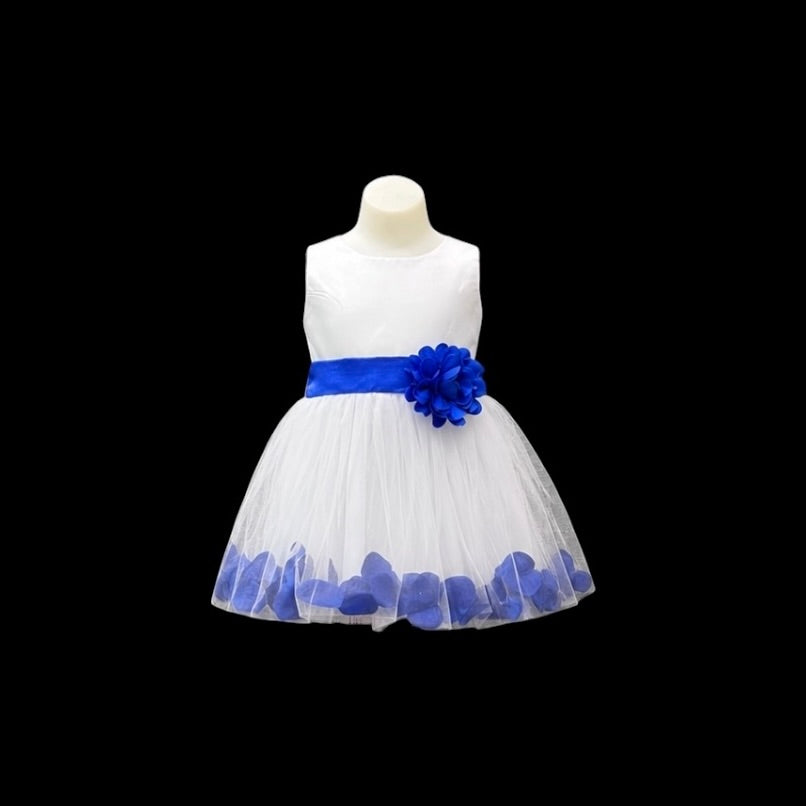 White Tea-Length Tulle Baby Dress with Floral Coloured Petal Skirt & Rosette Waist Detail