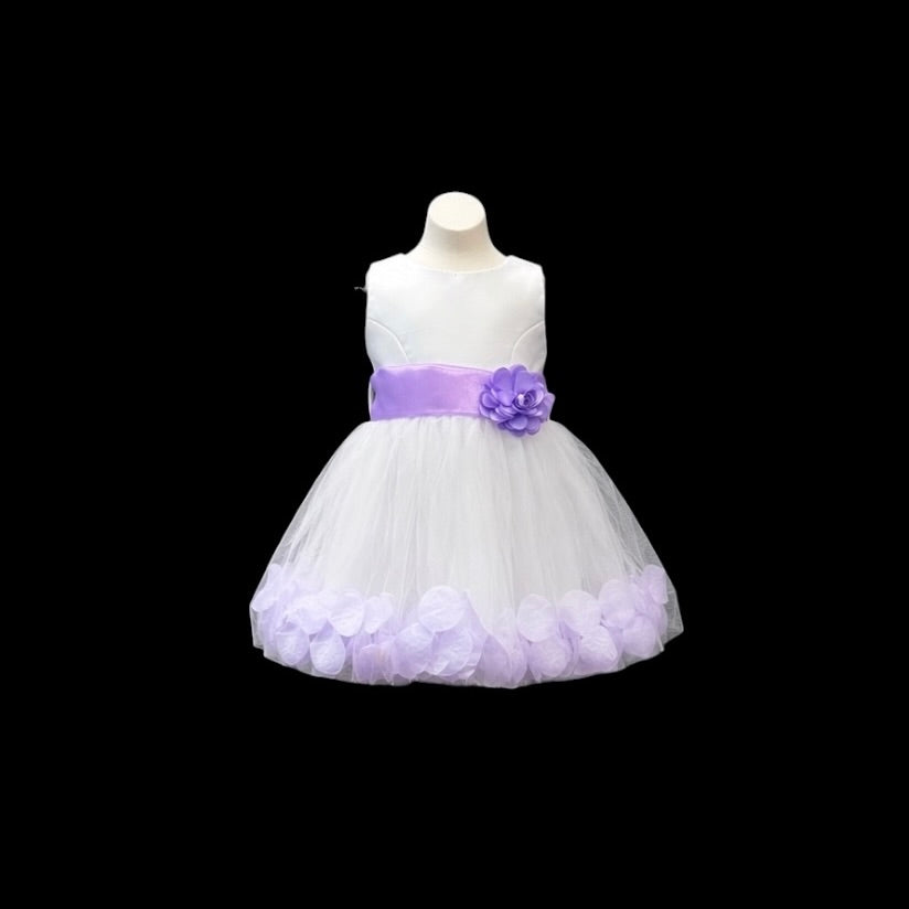 White Tea-Length Tulle Baby Dress with Floral Coloured Petal Skirt & Rosette Waist Detail