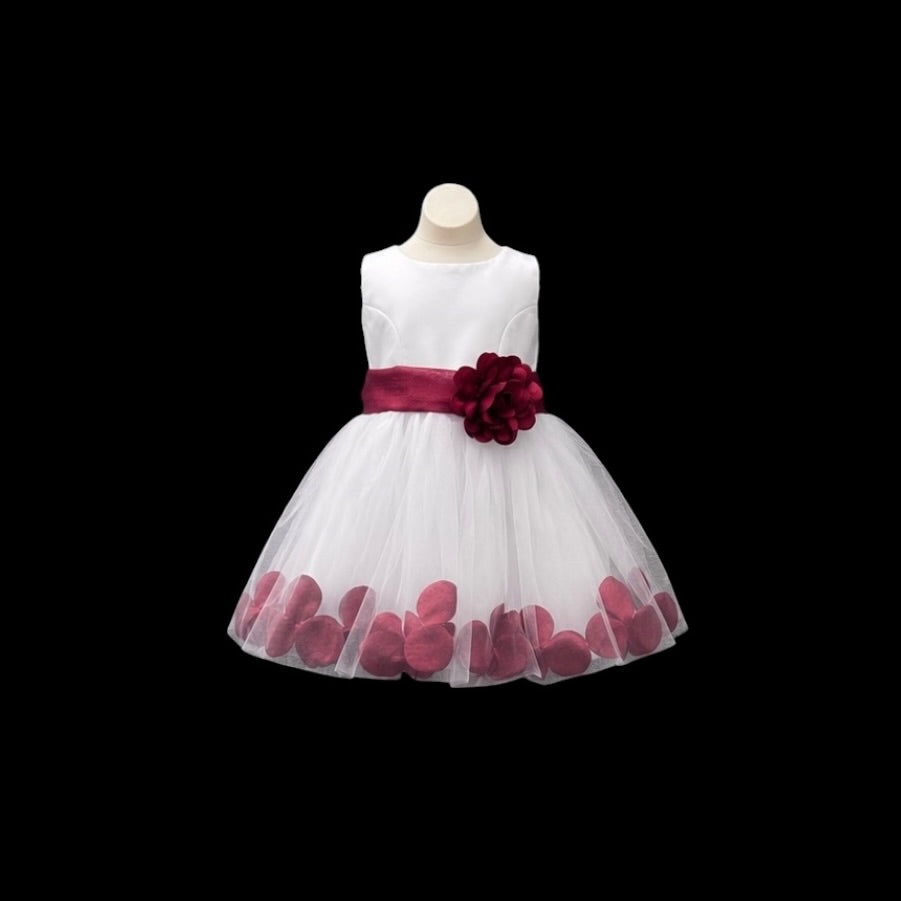 White Tea-Length Tulle Baby Dress with Floral Coloured Petal Skirt & Rosette Waist Detail