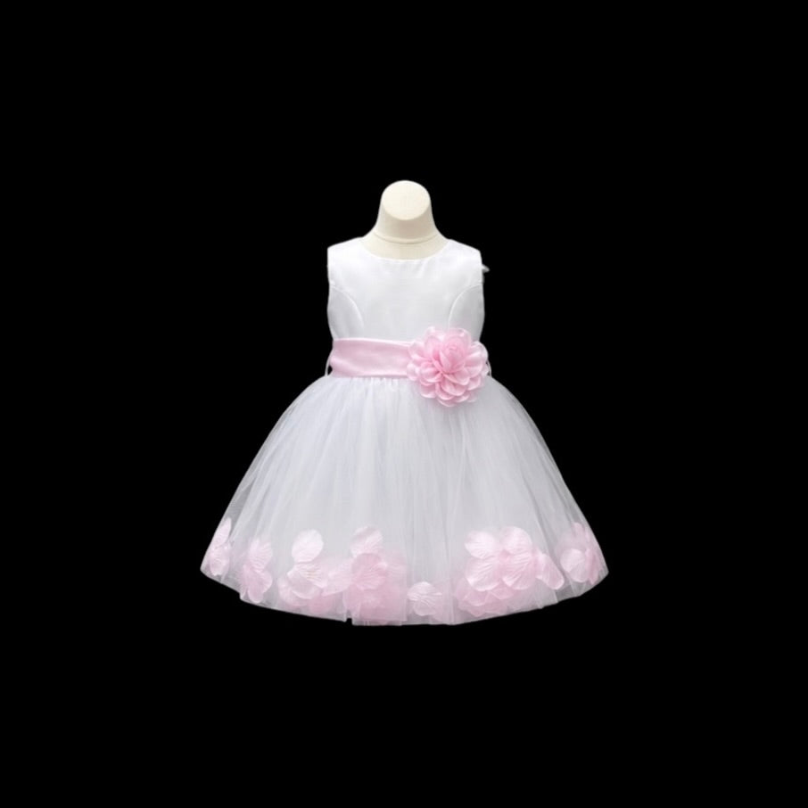 White Tea-Length Tulle Baby Dress with Floral Coloured Petal Skirt & Rosette Waist Detail