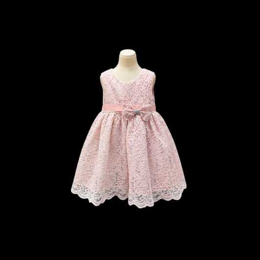 Baby Girl Pink Glitter Lace Tea-Length Dress with Rhinestone Bow Belt & Matching Headband (9-12 months)