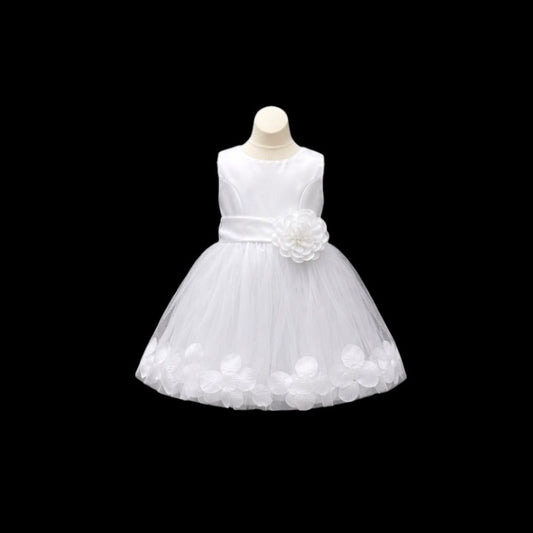 Tea-Length Tulle Baby Dress with Floral Petal Skirt & Rosette Waist Detail