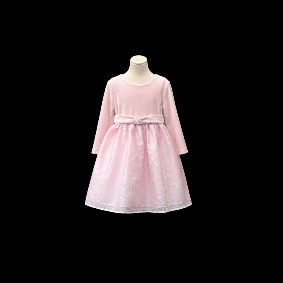 Baby Girl Long Sleeve Pink Sparkle Dress with Velvet Bodice & Rhinestone Waist Brooch(24 months)