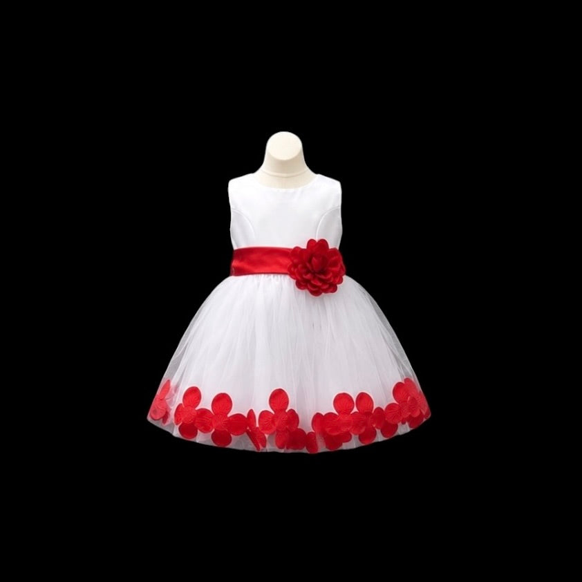 White Tea-Length Tulle Baby Dress with Floral Coloured Petal Skirt & Rosette Waist Detail