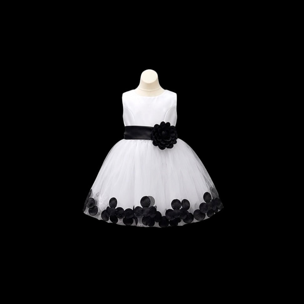 White Tea-Length Tulle Baby Dress with Floral Coloured Petal Skirt & Rosette Waist Detail