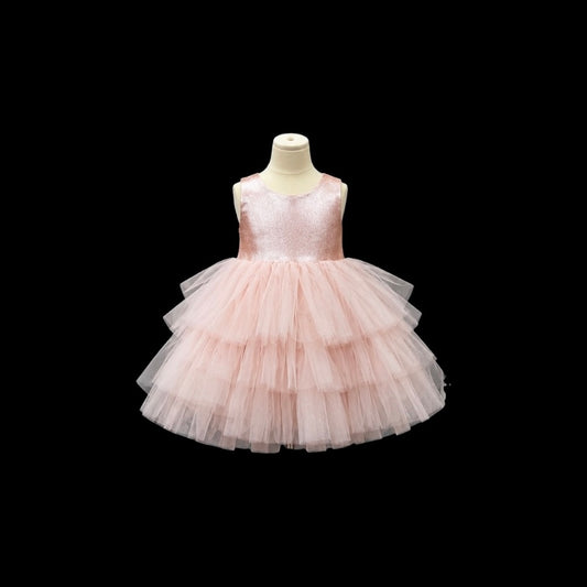 Baby Girl Rose Gold Glitter Tulle Dress with Rhinestone Waist Belt & Matching Headband