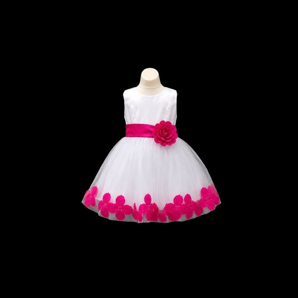 White Tea-Length Tulle Baby Dress with Floral Coloured Petal Skirt & Rosette Waist Detail