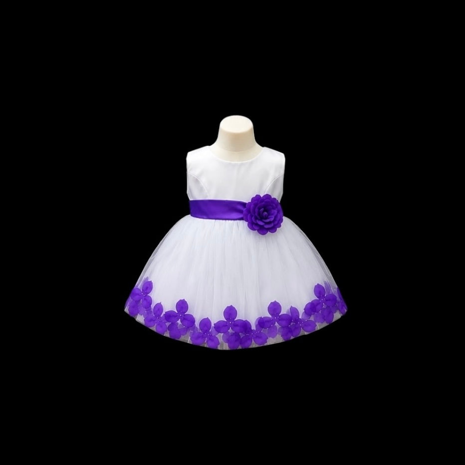 White Tea-Length Tulle Baby Dress with Floral Coloured Petal Skirt & Rosette Waist Detail