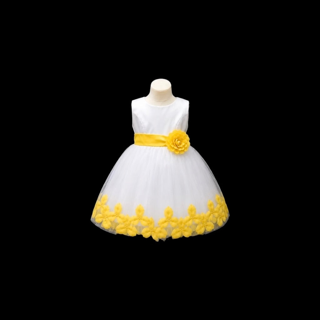 White Tea-Length Tulle Baby Dress with Floral Coloured Petal Skirt & Rosette Waist Detail