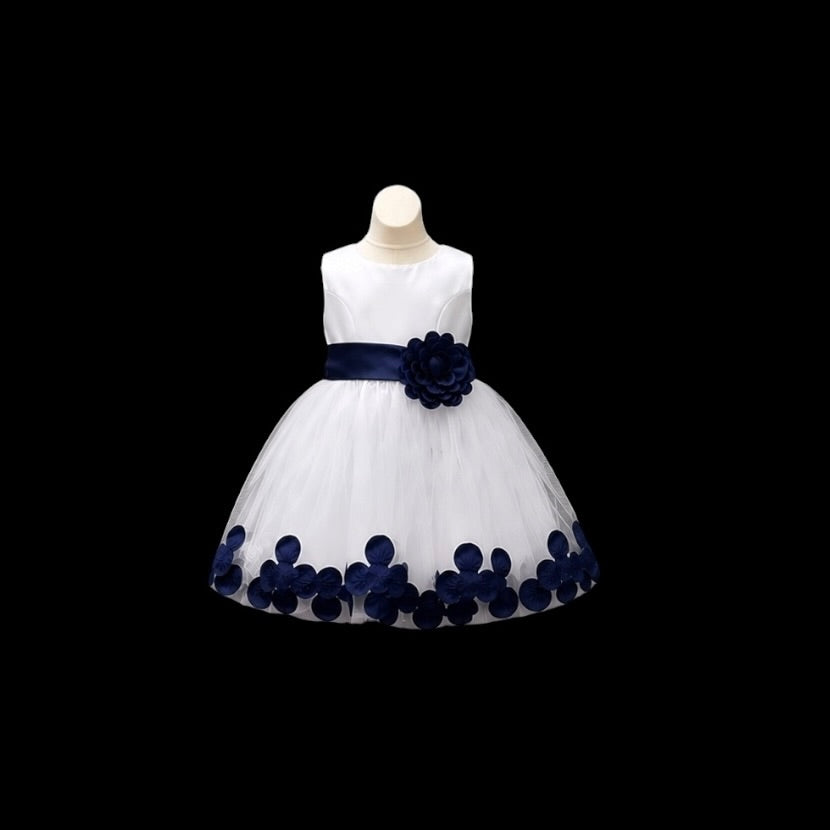 White Tea-Length Tulle Baby Dress with Floral Coloured Petal Skirt & Rosette Waist Detail