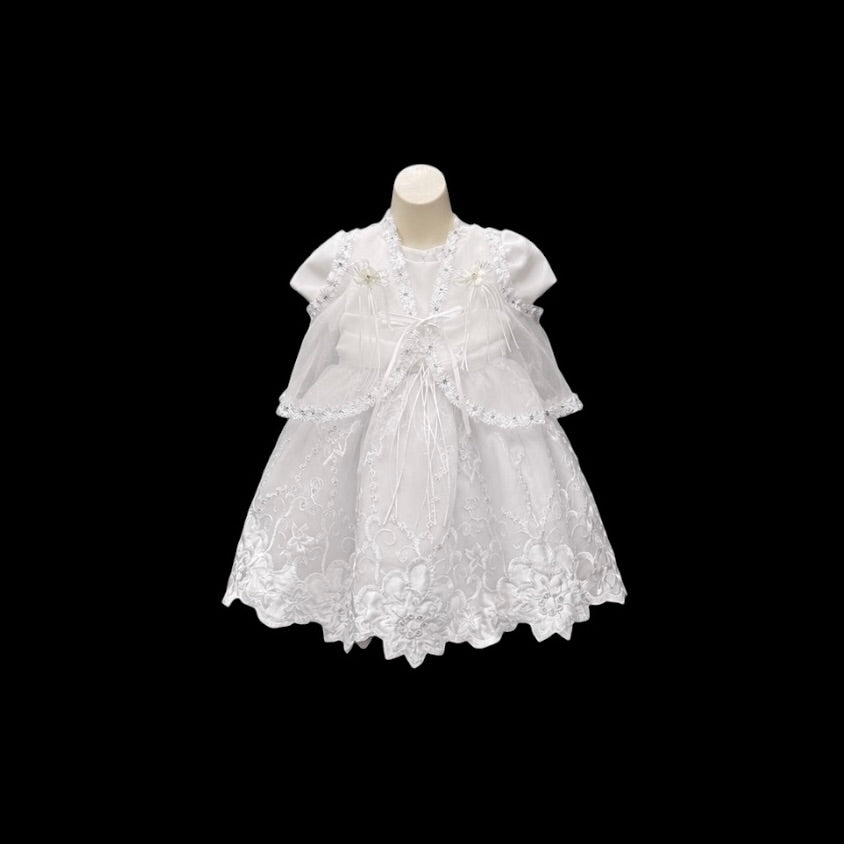 3-Piece Baby Girl White Floral Embroidered Christening Dress with Bonnet & Cape