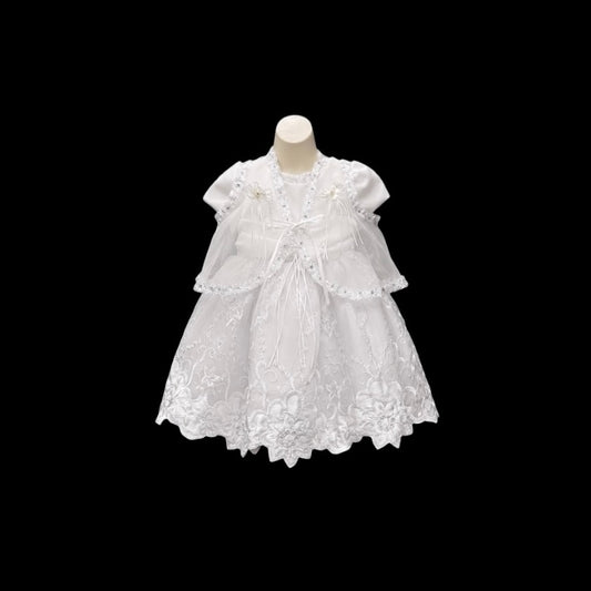 3-Piece Baby Girl White Floral Embroidered Christening Dress with Bonnet & Cape