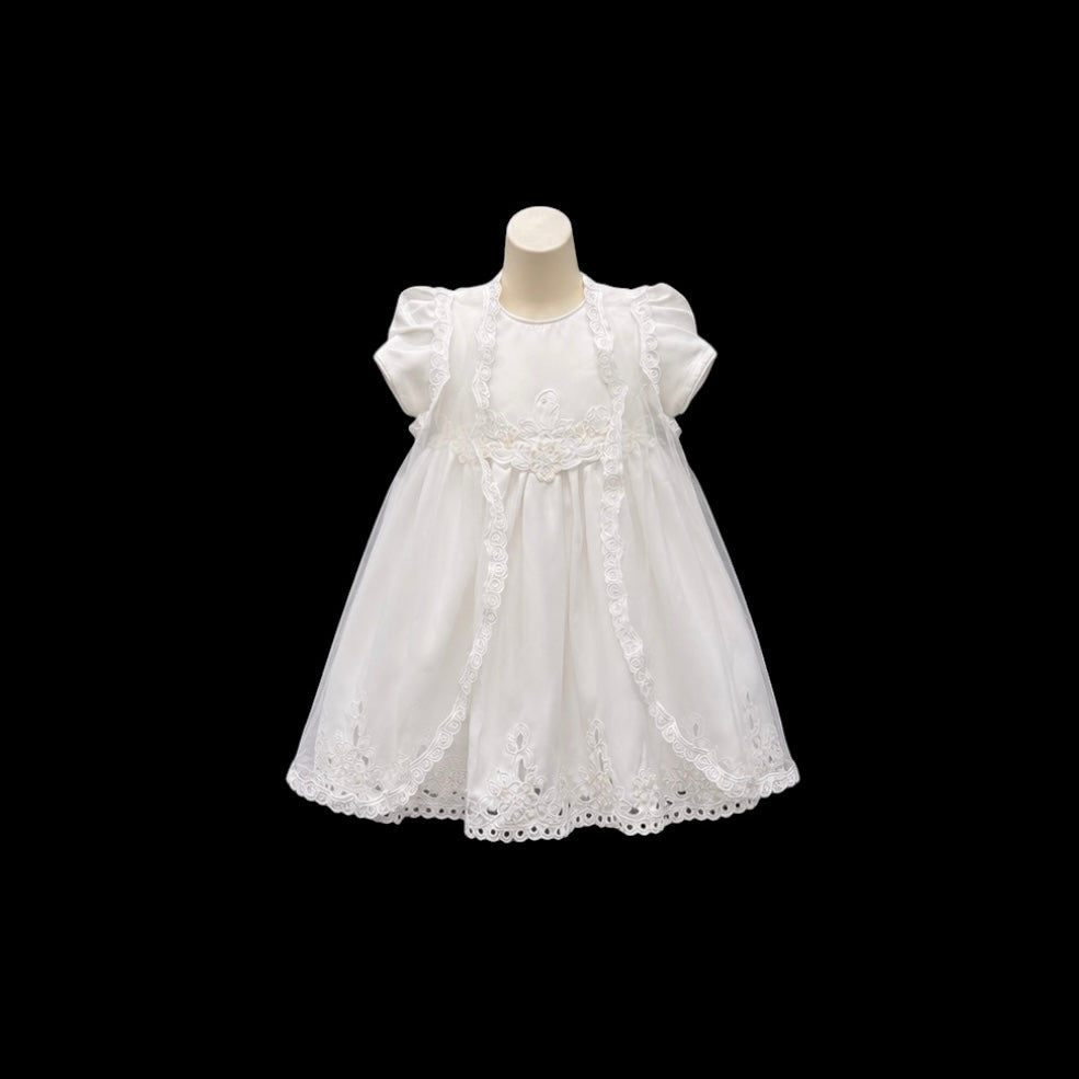 Off-White Embroidered 3-Piece Christening Gown w/ Matching Bonnet