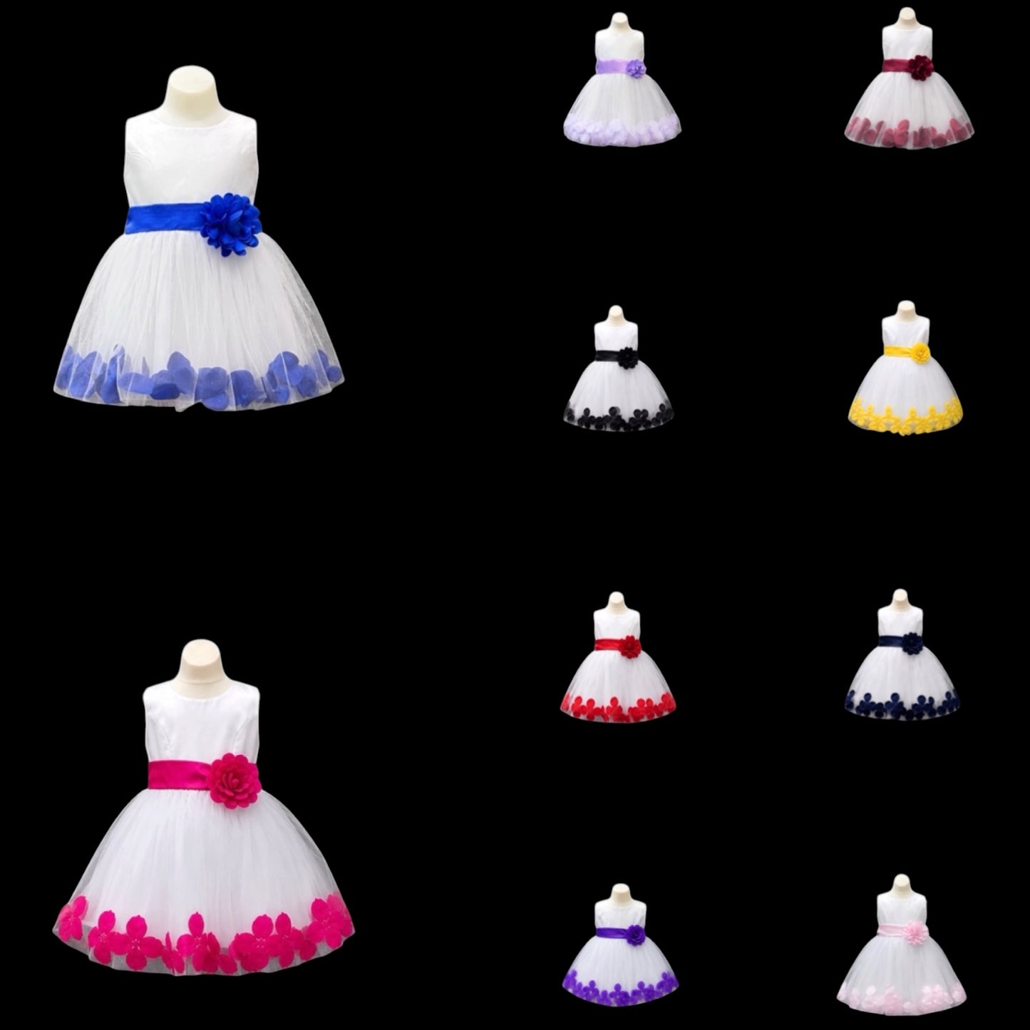White Tea-Length Tulle Baby Dress with Floral Coloured Petal Skirt & Rosette Waist Detail
