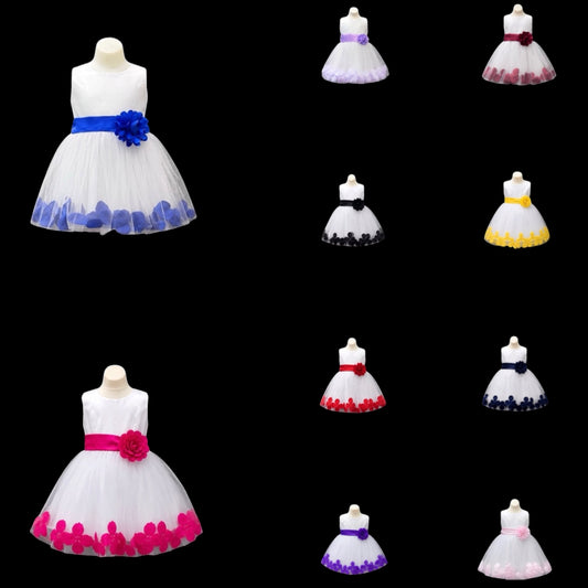 White Tea-Length Tulle Baby Dress with Floral Coloured Petal Skirt & Rosette Waist Detail