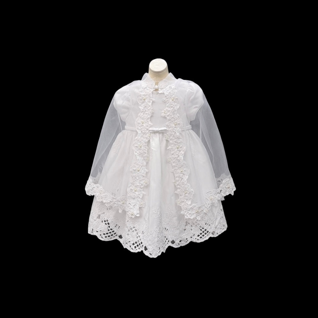 Floral Embroidered Baby Girl Satin Christening Gown with Bonnet (12 Months)