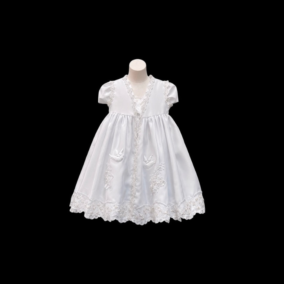2-Piece Baby Girl White Short Sleeve Gown with Sequin Beading & Matching Embroidered Shawl (12–18 Months)