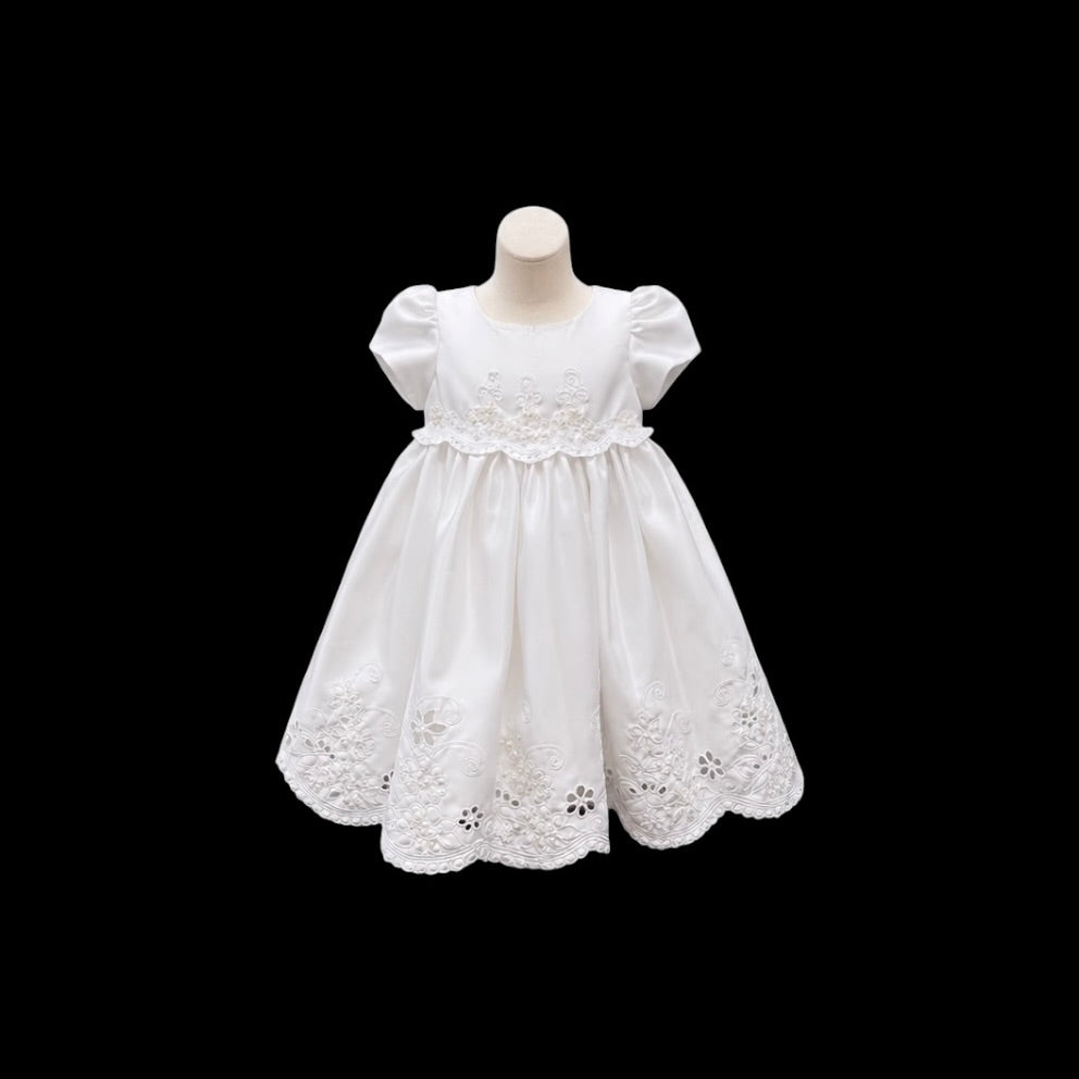 White Floral Embroidered Satin Christening Gown & Matching Bonnet Set (3 Months)