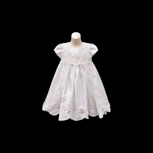 Off White Floral Embroidered Satin Christening Gown & Matching Bonnet Set (6 Months)