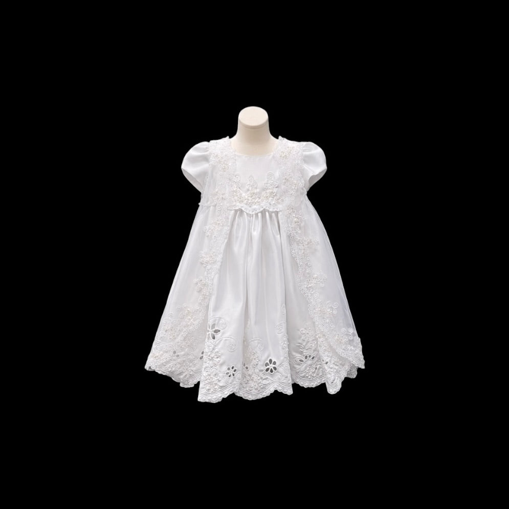 White Floral Embroidered Satin Christening Gown & Matching Bonnet Set (3 Months)