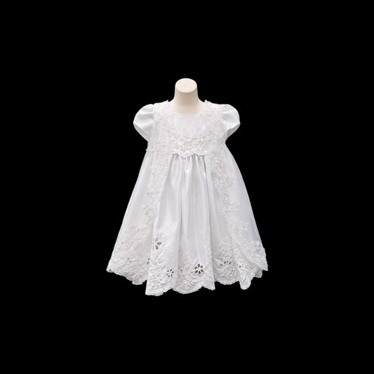 White Floral Embroidered Satin Christening Gown & Matching Bonnet Set (3 Months)