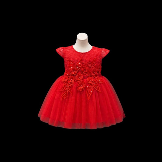 Baby Girl Lace Cap Sleeve Red Dress with Floral Embroidered Bodice & Layered Tulle Skirt
