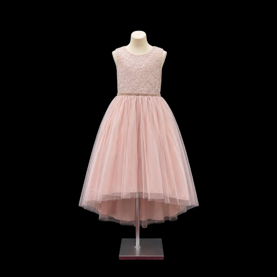 Blush Metallic Jacquard High-Low Tea Length Dress with Crystal Tulle Skirt