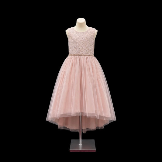 Blush Metallic Jacquard High-Low Tea Length Dress with Crystal Tulle Skirt