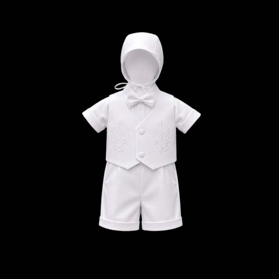 Kaifer Dove & Cross Embroidered 4-Piece Baptism Shorts Set with Matching Bonnet