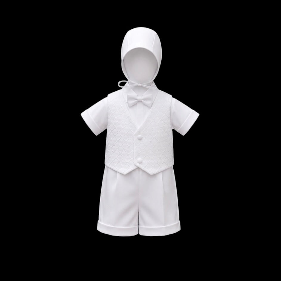 Kaifer Diamond Embroidered 4-Piece Baptism Shorts Set with Matching Bonnet