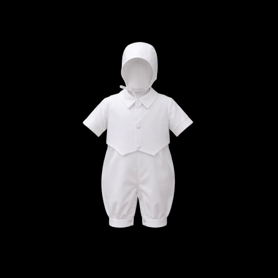 Mavezzano White Short-Sleeve Baptism Romper with Matching Bonnet (24 Months)
