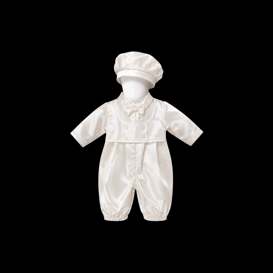 Caroline Baptême Shiny Ivory Baby Baptism Romper & Matching Hat Set