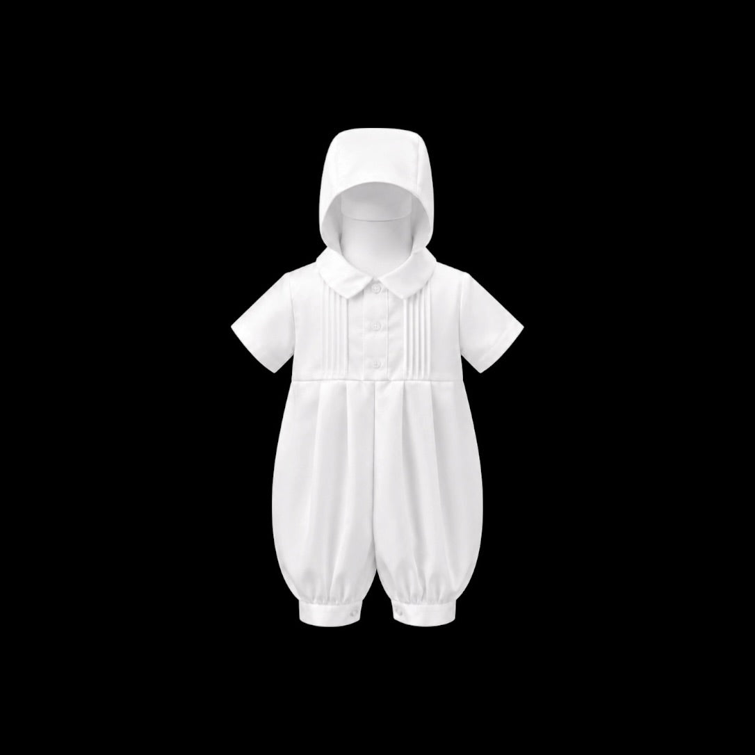 Mavezzano & Co Baby White Baptism Romper & Matching Hat