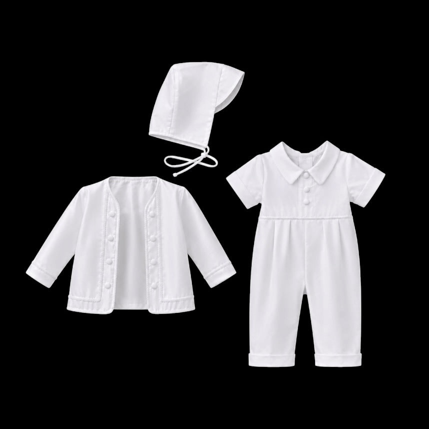 Mavezzano Embroidered 3-Piece Baptism Romper Set with Matching Bonnet