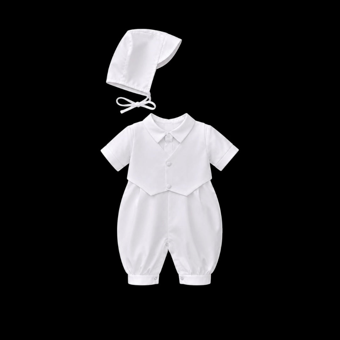 Mavezzano White Short-Sleeve Baptism Romper with Matching Bonnet (24 Months)