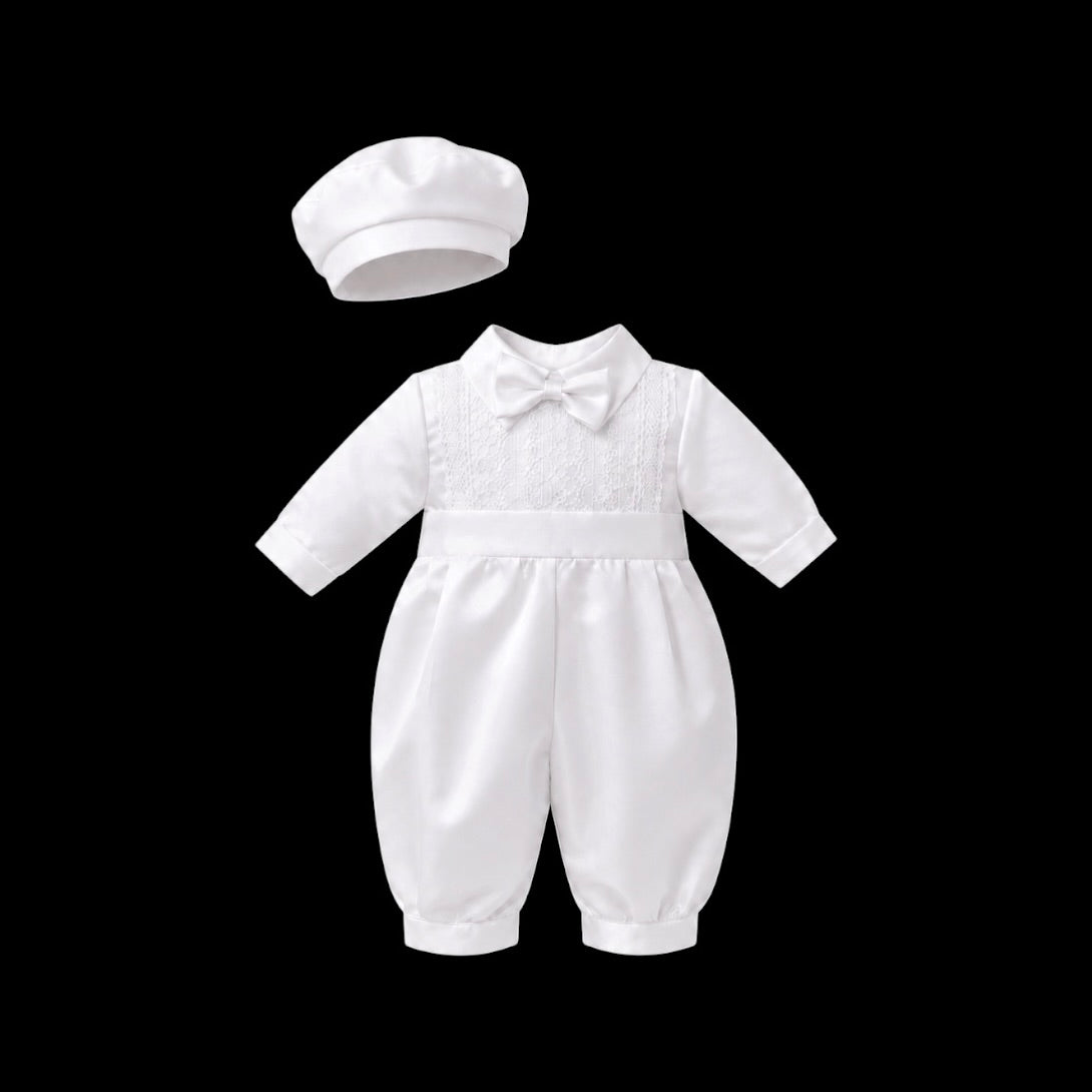 Mavezzano Lace-Embroidered Baptism Romper with Matching Hat