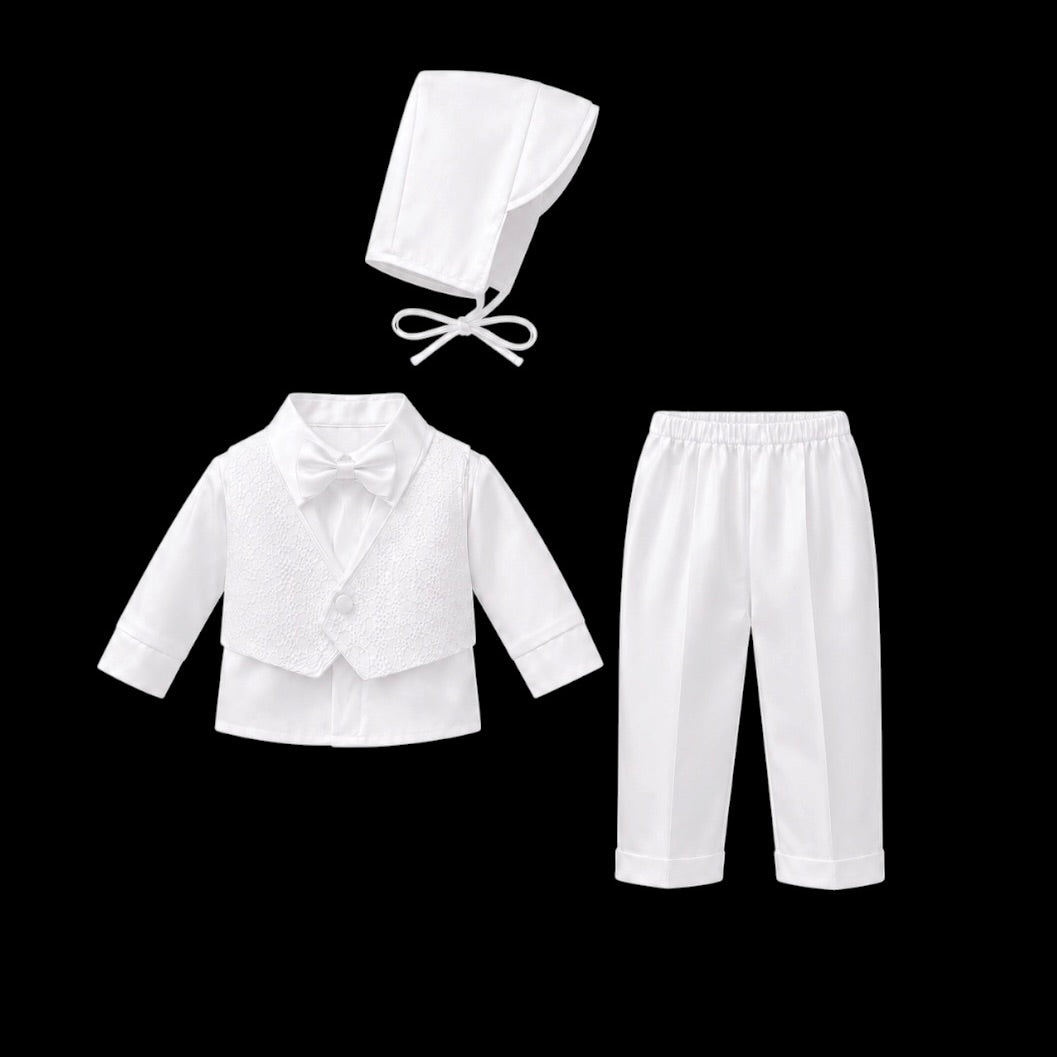 Mavezzano Lace Embroidered  4-Piece Baptism Set with Matching Bonnet