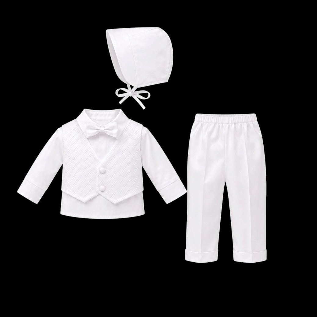 Fouger U.S.A. White 4-Piece Baby Baptism Vest Set with Matching Hat (24 months)